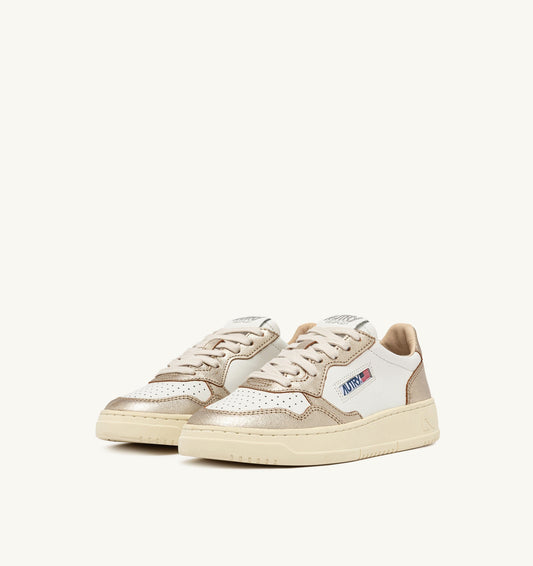 MEDALIST LOW BICOLOR IN PELLE BIANCA E METALLIZZATA PLATINO